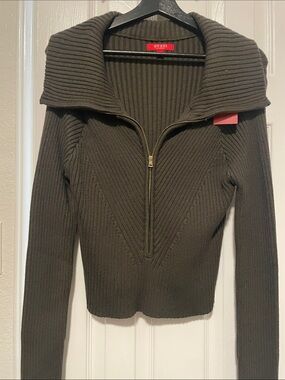 GUESS Olive Ribbed Zip-Neck Turtleneck Sweater